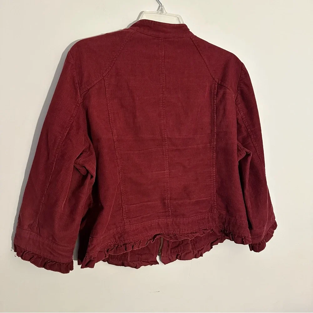 Sandro Corduroy Burgundy Zip Front Jacket Ruffle Hem 3/4 Sleeve Women’s Size XL